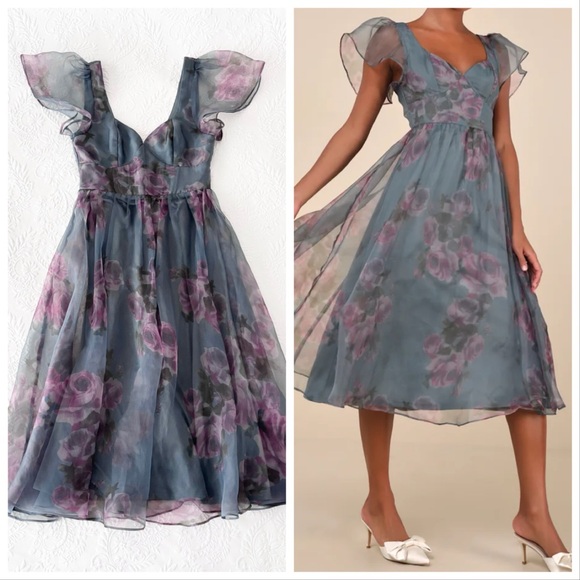 NWOT Lulus Mesmerizing Mood Slate Floral Organza Ruffled A-Line Midi Dress Small - Picture 1 of 8